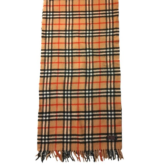 Vintage Burberry Lambs Wool Tan Black Red Plaid Fall Winter Luxury Shawl Scarf - Picture 1 of 6